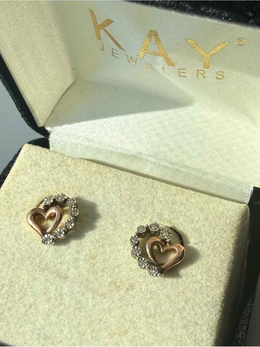 10k Rose Gold, Diamond, and Sterling heart earrings - Picture 1 of 5